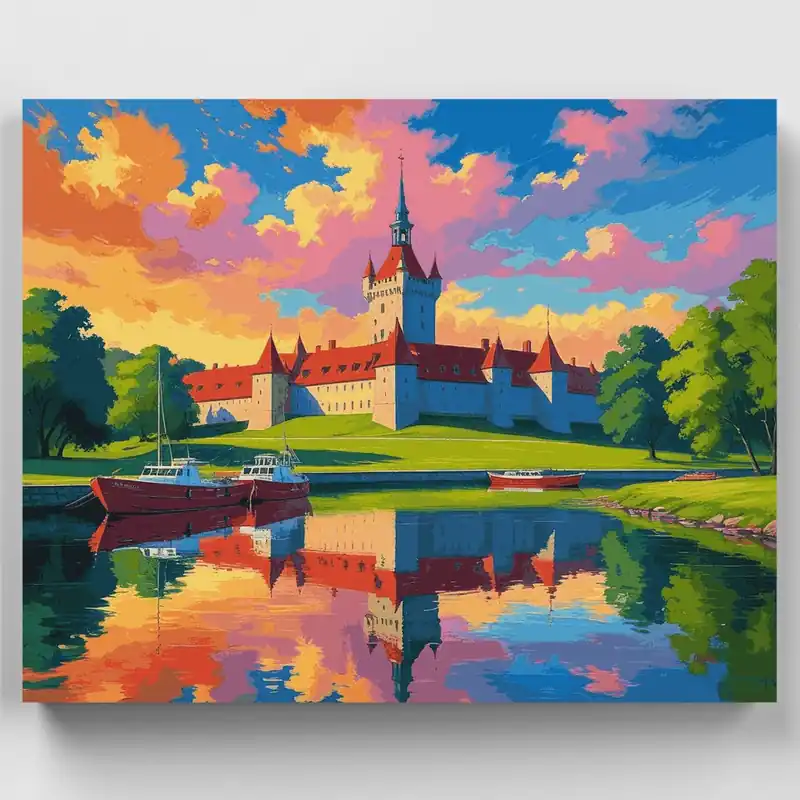 Castillo Majestuoso Frente al Agua - Kit de pintar por números - Lienzo Enrollado / 24 Colores Envío Inmediato