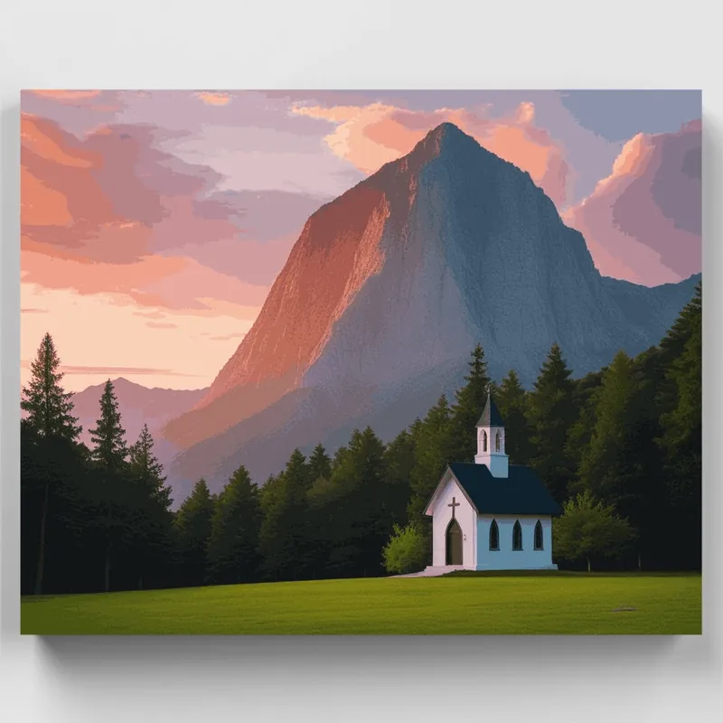Capilla de Montaña al Atardecer - Kit de pintar por números - Lienzo Enrollado / 24 Colores De Moda