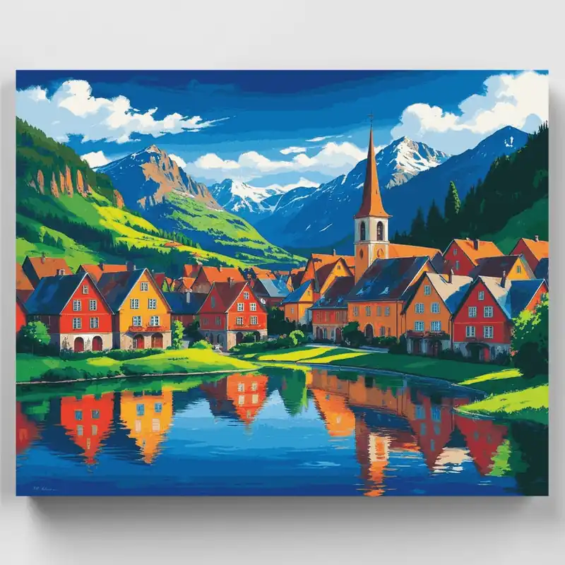 Reflejos de Pueblo Alpino - Kit de pintar por números - Lienzo Enrollado / 24 Colores Envío Gratis