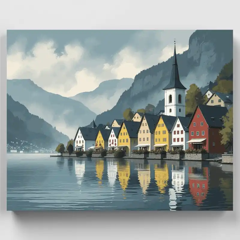 Pueblo Lakeside de Hallstatt - Kit de pintar por números - Lienzo Enrollado / 24 Colores Solo Por Tiempo Limitado