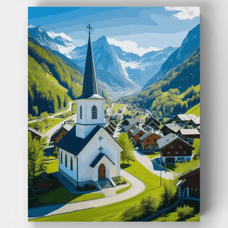 Iglesia del Pueblo Alpino - Kit de pintar por números - Lienzo Enrollado / 24 Colores Más Vendido