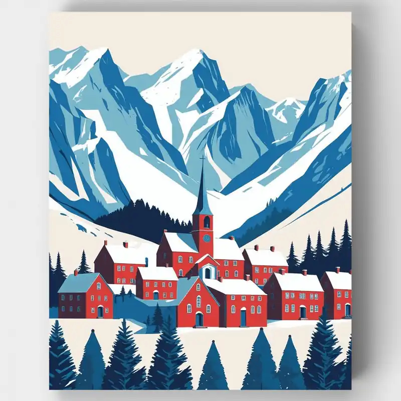 Pueblo Alpino de Invierno - Kit de pintar por números - Lienzo Enrollado / 24 Colores Tendencia