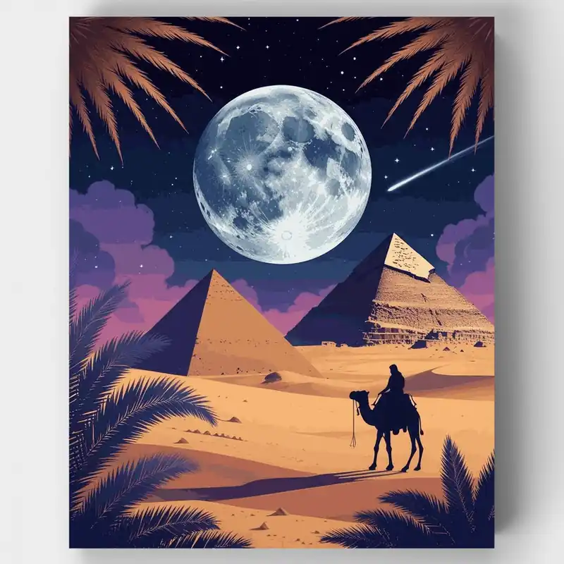 Pirámides del Desierto Bajo la Luz de la Luna - Kit de pintar por números - Lienzo Enrollado / 24 Colores Promoción Exclusiva