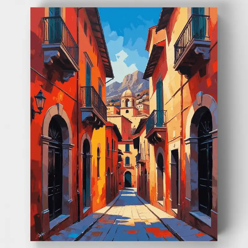 Barato Calle de Pueblo Mediterráneo - Kit de pintar por números - Lienzo Enrollado / 24 Colores