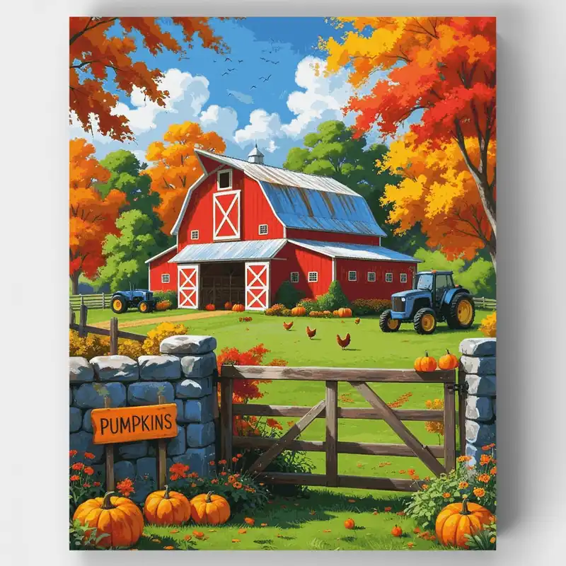 Granja de Otoño con Granero Rojo y Calabazas - Kit de pintar por números - Lienzo Enrollado / 24 Colores Moderno
