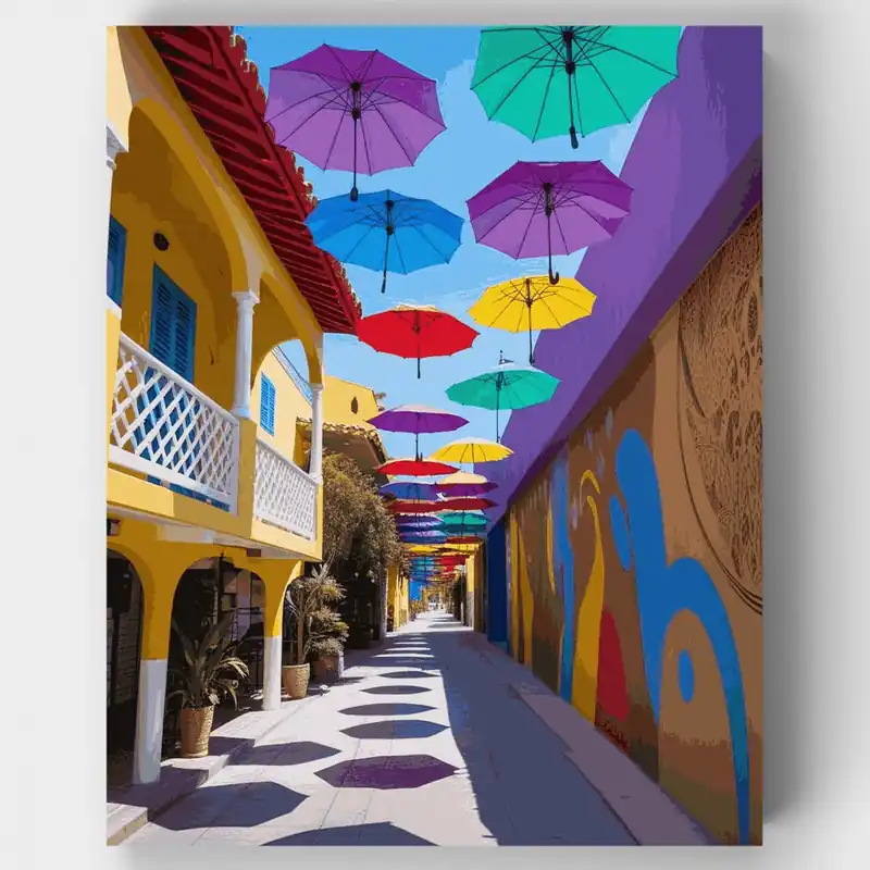 Gran Oferta Calle de Paraguas Coloridos - Kit de pintar por números - Lienzo Enrollado / 24 Colores