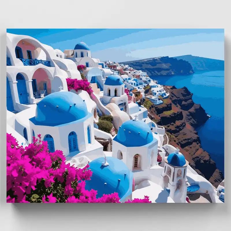 Promoción Exclusiva Santorini Cúpulas Azules - Kit de pintar por números - Lienzo Enrollado / 24 Colores