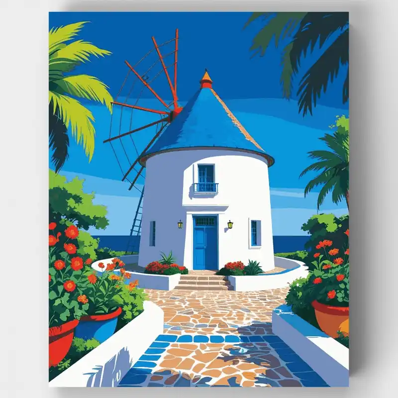 Profesional Paraíso de Molino Griego - Kit de pintar por números - Lienzo Enrollado / 24 Colores