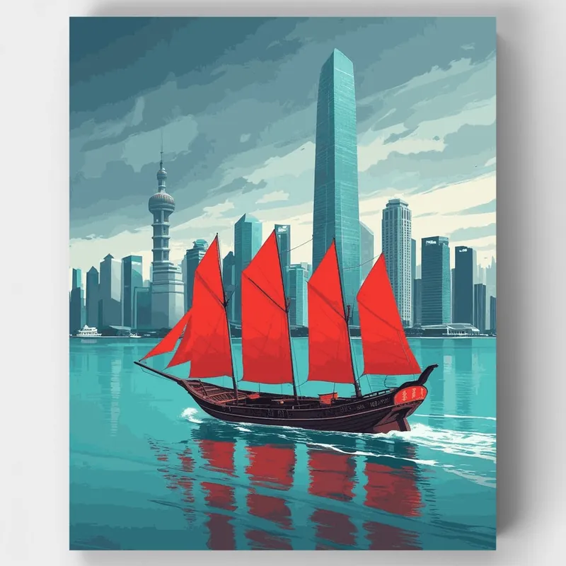 Horizonte de Hong Kong con Barco Junk Tradicional - Kit de pintar por números - Lienzo Enrollado / 24 Colores Promoción Exclusiva