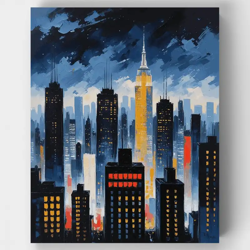 Horizonte de la Ciudad de Nueva York al Atardecer - Kit de pintar por números - Lienzo Enrollado / 24 Colores De Moda