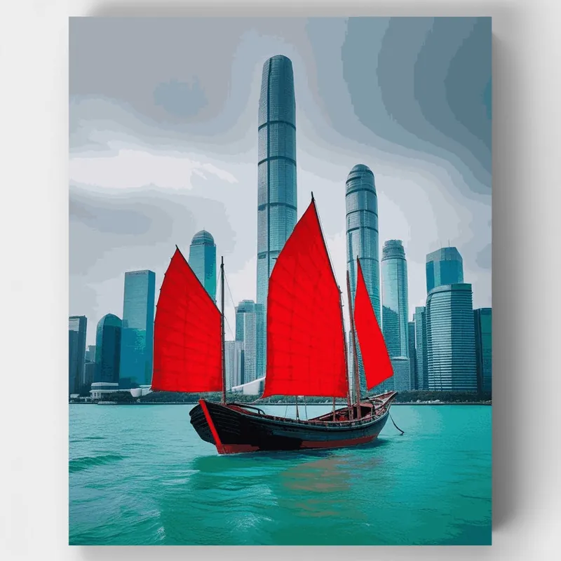 Directo De Fábrica Kit de pintar por números de Barco Junco de Vela Roja Tradicional en el Puerto de Hong Kong - Lienzo Enrollado / 24 Colores