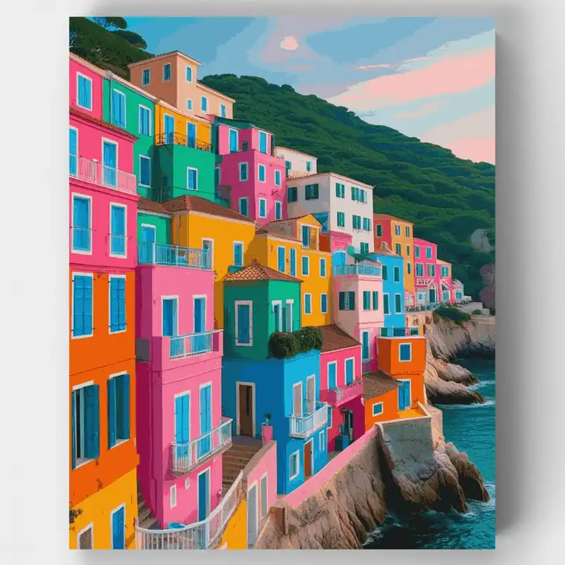 Bestseller Kit de pintar por números - Pueblo Costero Colorido en la Costa - Lienzo Enrollado / 24 Colores