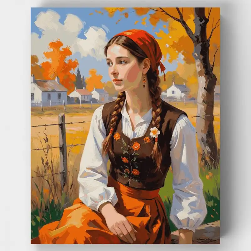 Chica del Campo en Vestido Tradicional - Kit de pintar por números - Lienzo Enrollado / 24 Colores Oferta Especial