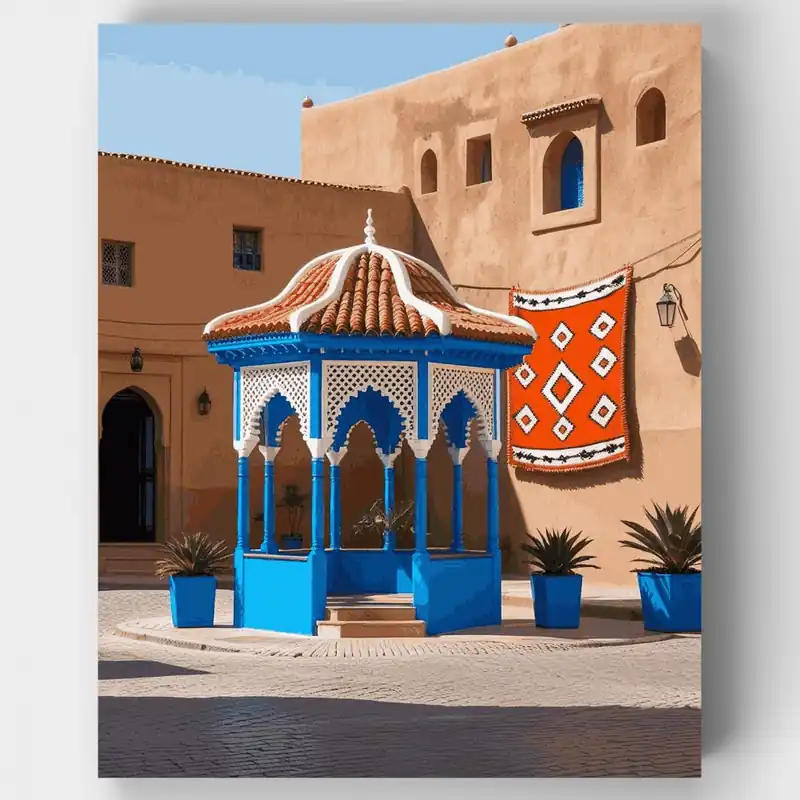 Disponible Ahora Patio Marroquí con Pabellón Azul - Kit de pintar por números - Lienzo Enrollado / 24 Colores