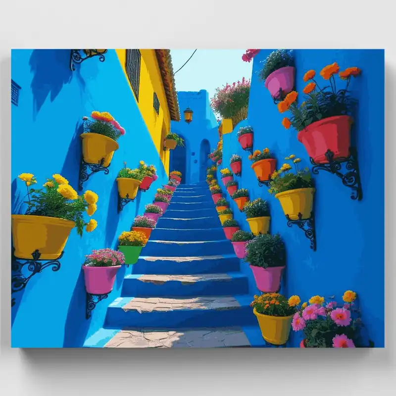Premium Escalera Mediterránea Colorida - Kit de pintar por números - Lienzo Enrollado / 24 Colores