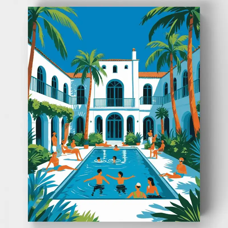 Kit de pintar por números - Fiesta en la Piscina de Villa Tropical - Lienzo Enrollado / 24 Colores Descuento