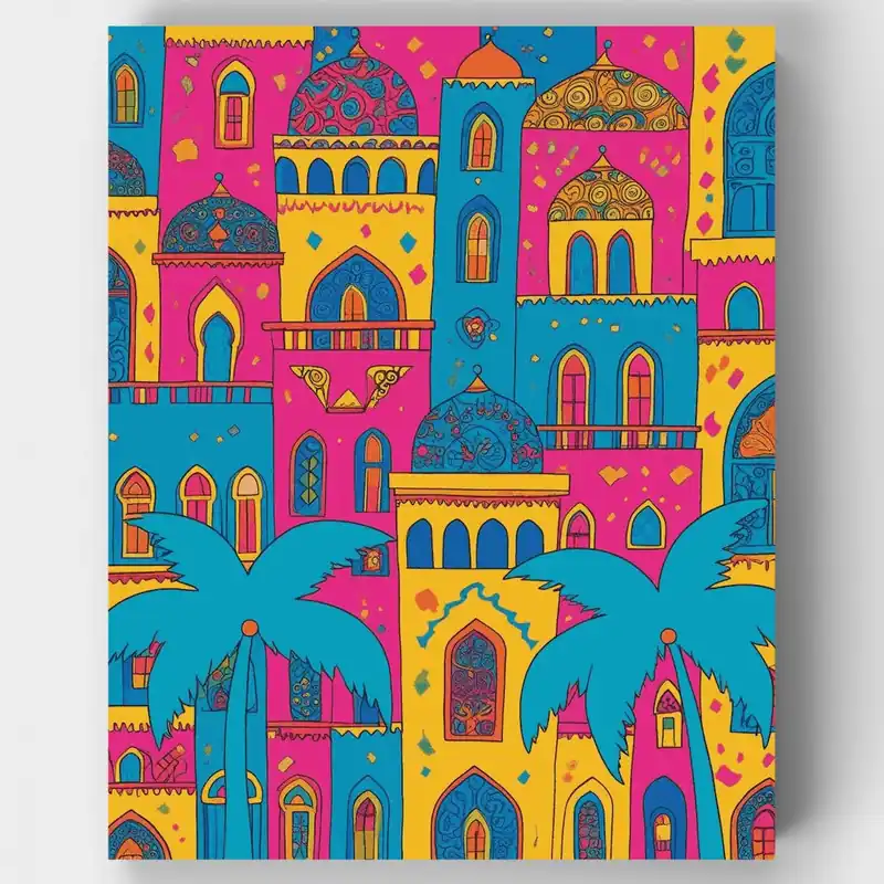 Kit de pintar por números - Paisaje Urbano de Arquitectura Marroquí - Lienzo Enrollado / 24 Colores Ordena Ya