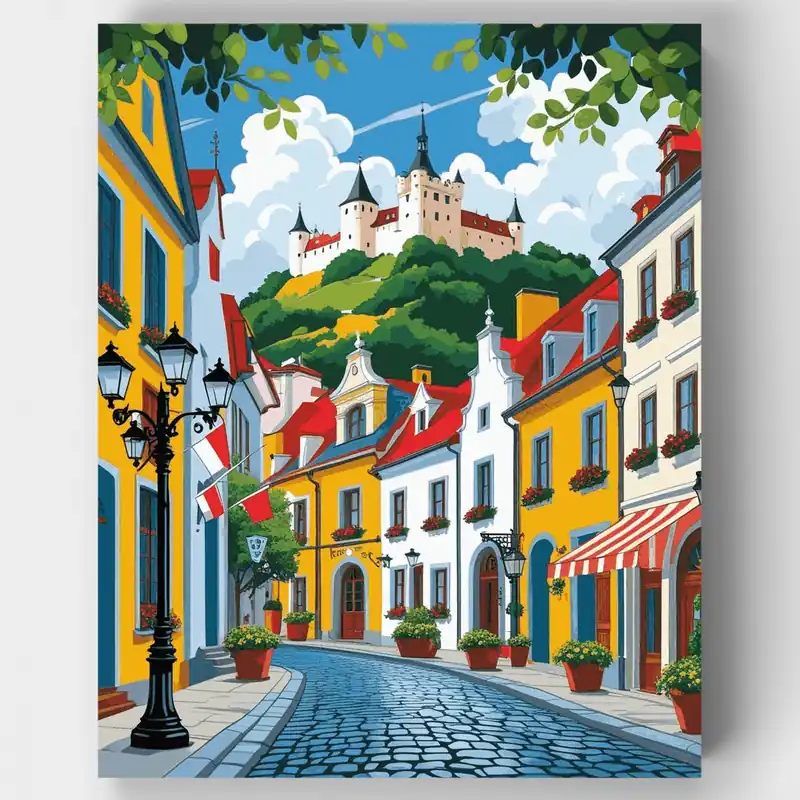 Encantador Pueblo Europeo con Castillo - Kit de pintar por números - Lienzo Enrollado / 24 Colores Directo De Fábrica