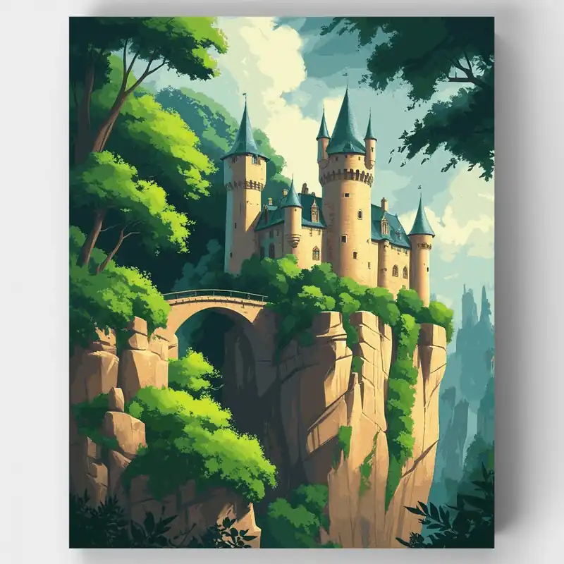 Stock Limitado Castillo de Cuento de Hadas en Acantilado - Kit de pintar por números - Lienzo Enrollado / 24 Colores