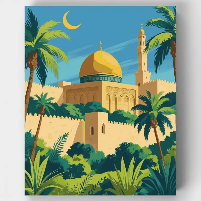 Últimas Unidades Mezquita Islámica con Cúpula Dorada - Kit de pintar por números - Lienzo Enrollado / 24 Colores