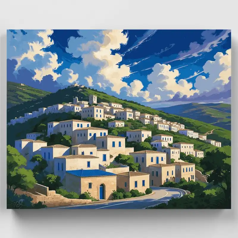 Más Vendido Kit de pintar por números - Pueblo en Colina Mediterránea - Lienzo Enrollado / 24 Colores