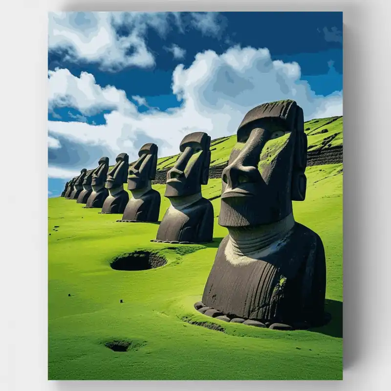 Precio Reducido Estatuas Moai de la Isla de Pascua - Kit de pintar por números - Lienzo Enrollado / 24 Colores