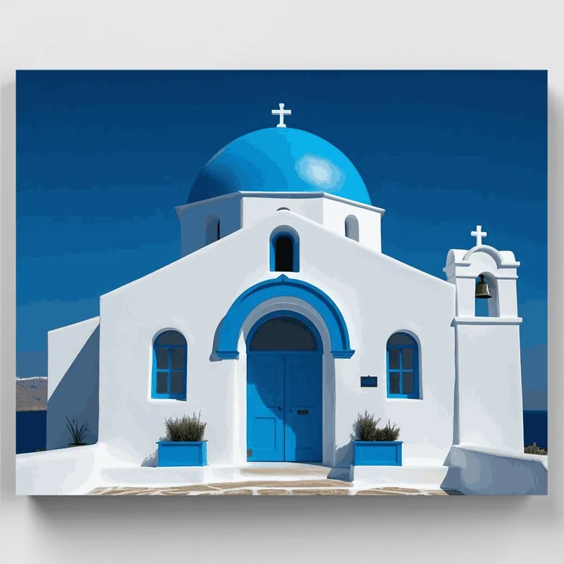 Venta Final Iglesia Ortodoxa Griega con Cúpula Azul - Kit de pintar por números - Lienzo Enrollado / 24 Colores