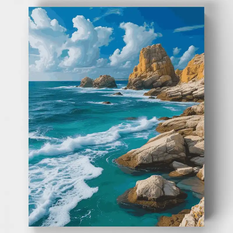 Aguas Turquesas y Acantilados Dorados - Kit de pintar por números - Lienzo Enrollado / 24 Colores De Moda