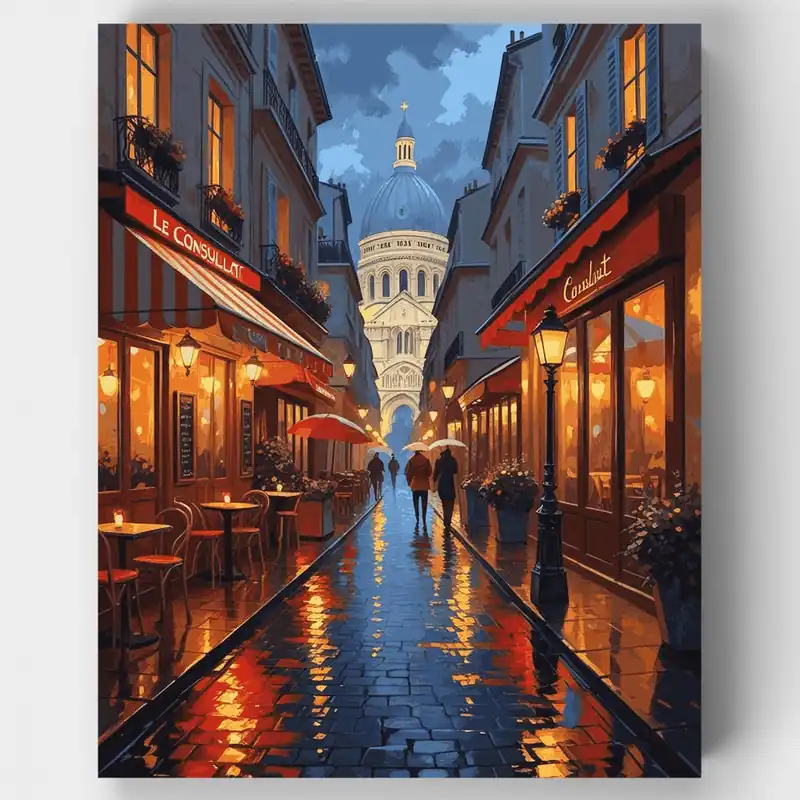 Disponible Ahora Escena Nocturna de Calle Parisina - Kit de pintar por números - Lienzo Enrollado / 24 Colores