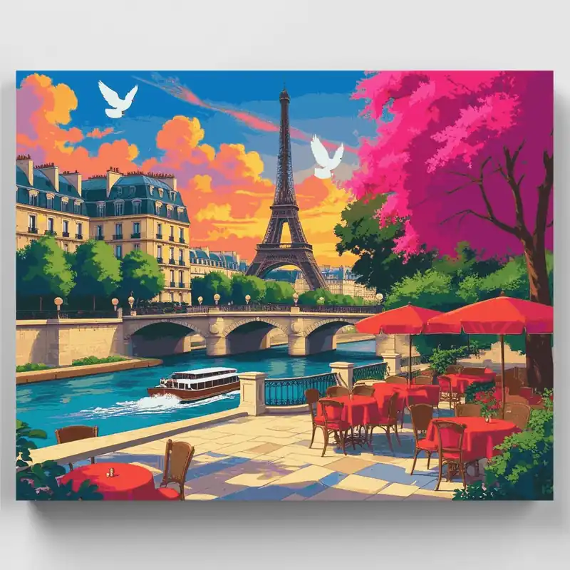 Escena de Café Ribereño de París - Kit de pintar por números - Lienzo Enrollado / 24 Colores Favorito De Clientes