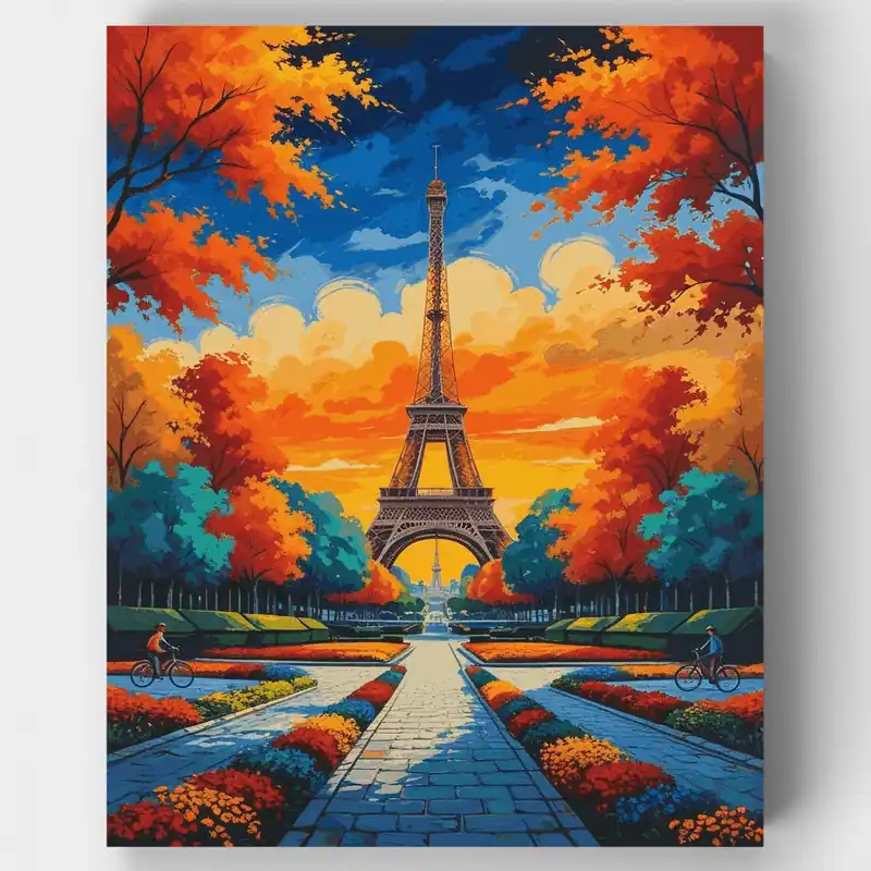 Torre Eiffel Atardecer de Otoño - Kit de pintar por números - Lienzo Enrollado / 24 Colores Stock Limitado