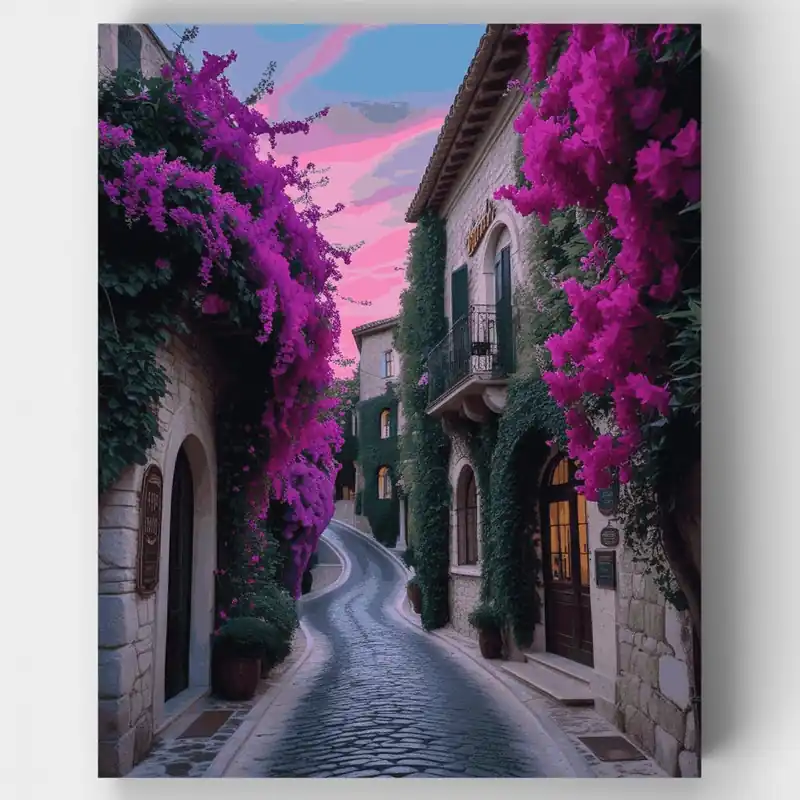 Compra Ahora Calle de Pueblo Mediterráneo con Buganvilla Púrpura - Kit de pintar por números - Lienzo Enrollado / 24 Colores