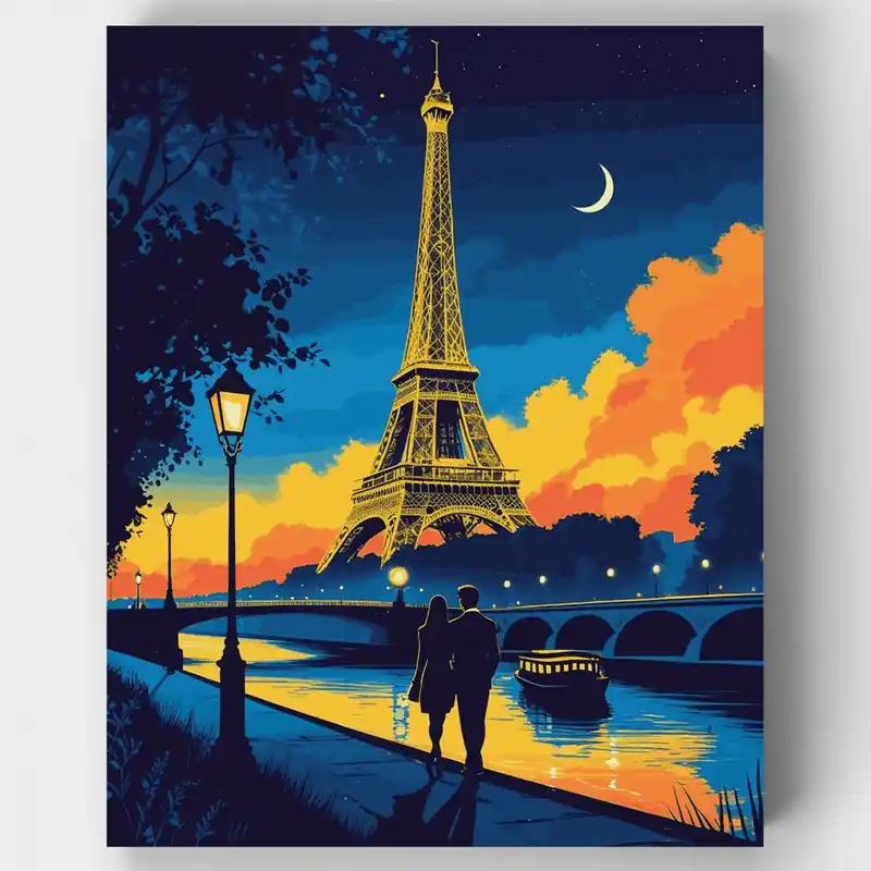 Kit de pintar por números Noche Romántica en París con Torre Eiffel - Lienzo Enrollado / 24 Colores Descuento