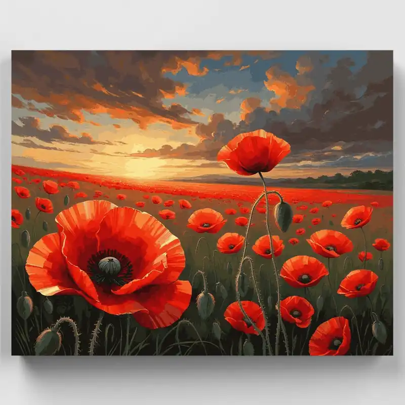 Campo de Amapolas Rojas al Atardecer - Kit de pintar por números - Lienzo Enrollado / 24 Colores Compra Ahora