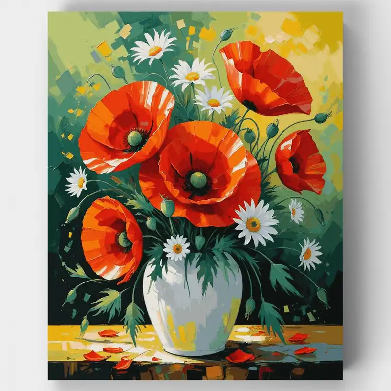 Kit de pintar por números de Ramo Vibrante de Amapolas y Margaritas - Lienzo Enrollado / 24 Colores Máxima Calidad