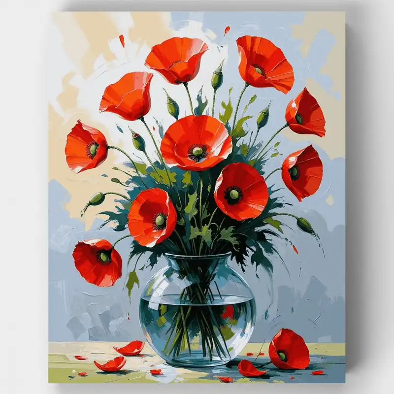 Marca Reconocida Amapolas Rojas en Jarrón de Cristal - Kit de pintar por números - Lienzo Enrollado / 24 Colores