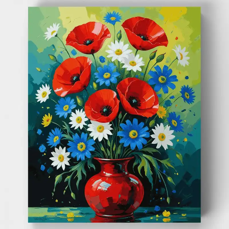 Bestseller Ramo Vibrante de Flores Silvestres en Jarrón Rojo - Kit de pintar por números - Lienzo Enrollado / 24 Colores