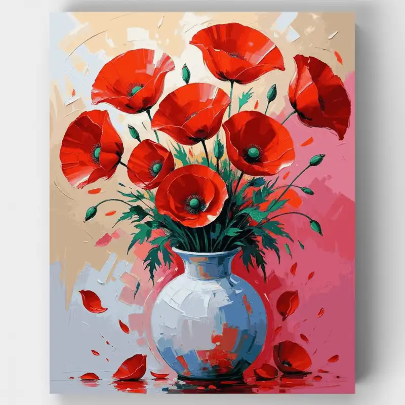 Compra Ahora Amapolas Rojas en Jarrón Azul - Kit de pintar por números - Lienzo Enrollado / 24 Colores