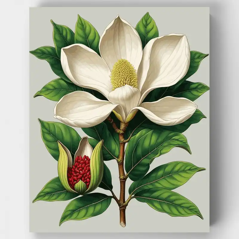 Kit de pintar por números - Ilustración Botánica de Magnolia - Lienzo Enrollado / 24 Colores Precio Bajo
