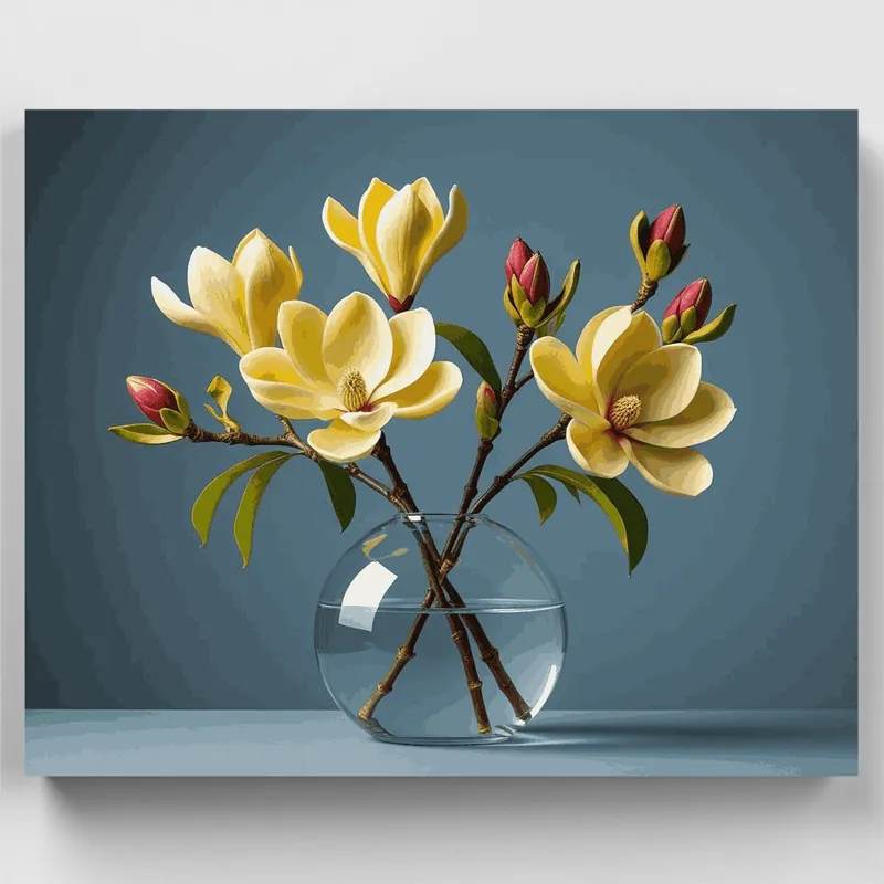 Flores de Magnolia en Jarrón de Cristal - Kit de pintar por números - Lienzo Enrollado / 24 Colores Mejor Calidad