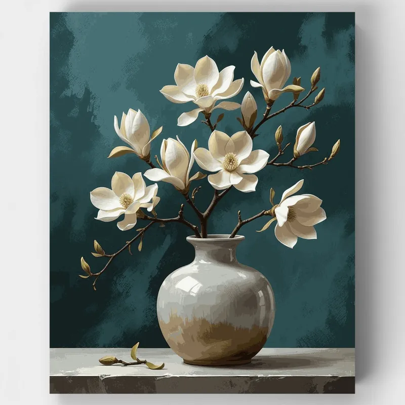 Precio De Oferta Flores de Magnolia en Jarrón de Cerámica - Kit de pintar por números - Lienzo Enrollado / 24 Colores