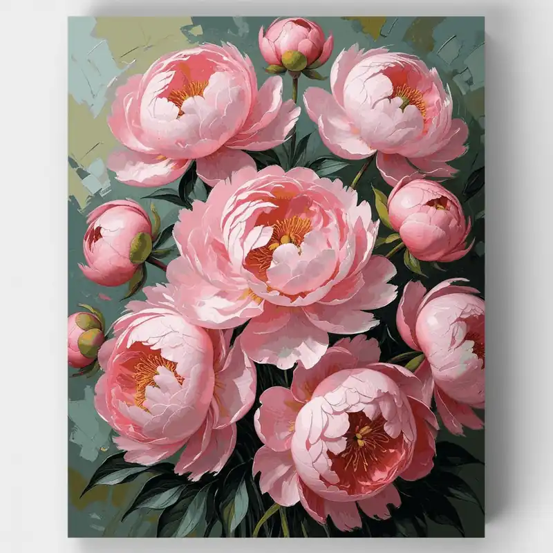 Artesanal Ramo de Peonías Rosas - Kit de pintar por números - Lienzo Enrollado / 24 Colores