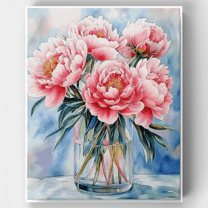 Promoción Peonías Rosas en Jarrón de Cristal - Kit de pintar por números - Lienzo Enrollado / 24 Colores
