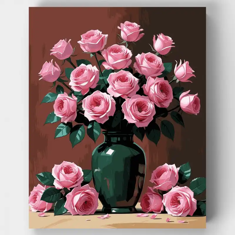 Marca Reconocida Rosas Rosadas en Jarrón Verde - Kit de pintar por números - Lienzo Enrollado / 24 Colores