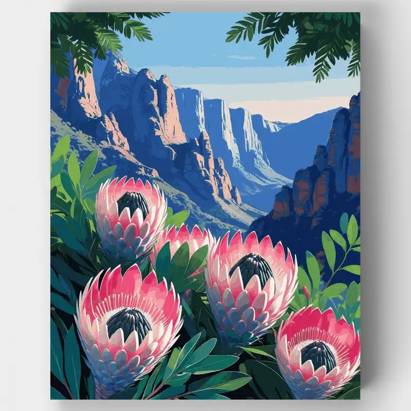 Flores de Protea Valle de Montaña - Kit de pintar por números - Lienzo Enrollado / 24 Colores Premium
