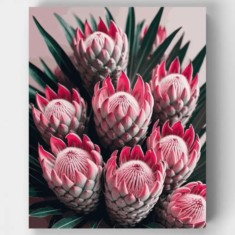 Artesanal Arreglo de Racimo de Proteas Rosas - Kit de pintar por números - Lienzo Enrollado / 24 Colores