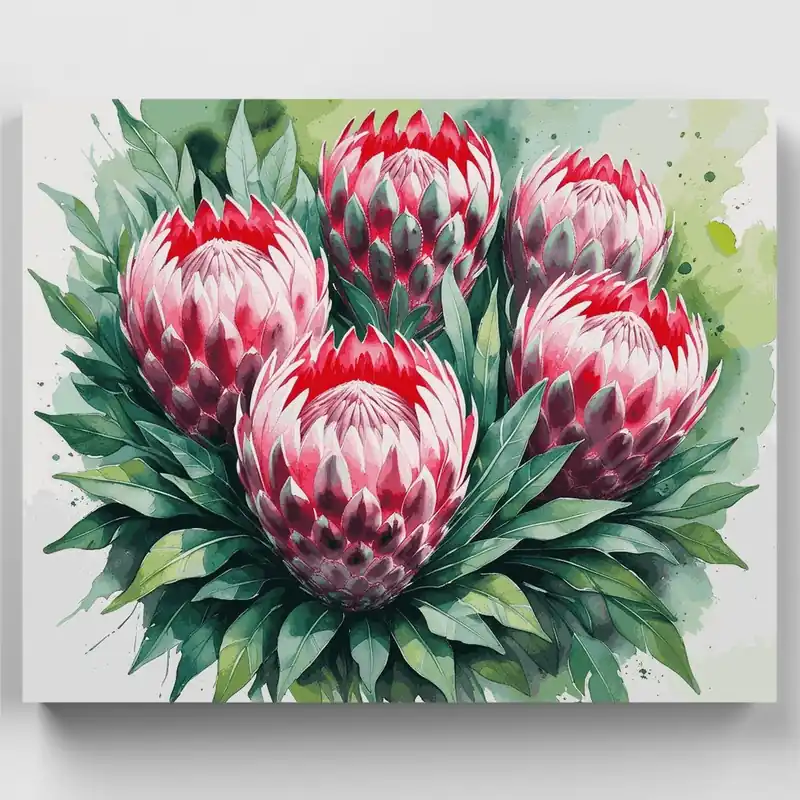 Solo Por Tiempo Limitado Kit de pintar por números de Flores de Protea en Racimo Acuarela - Lienzo Enrollado / 24 Colores