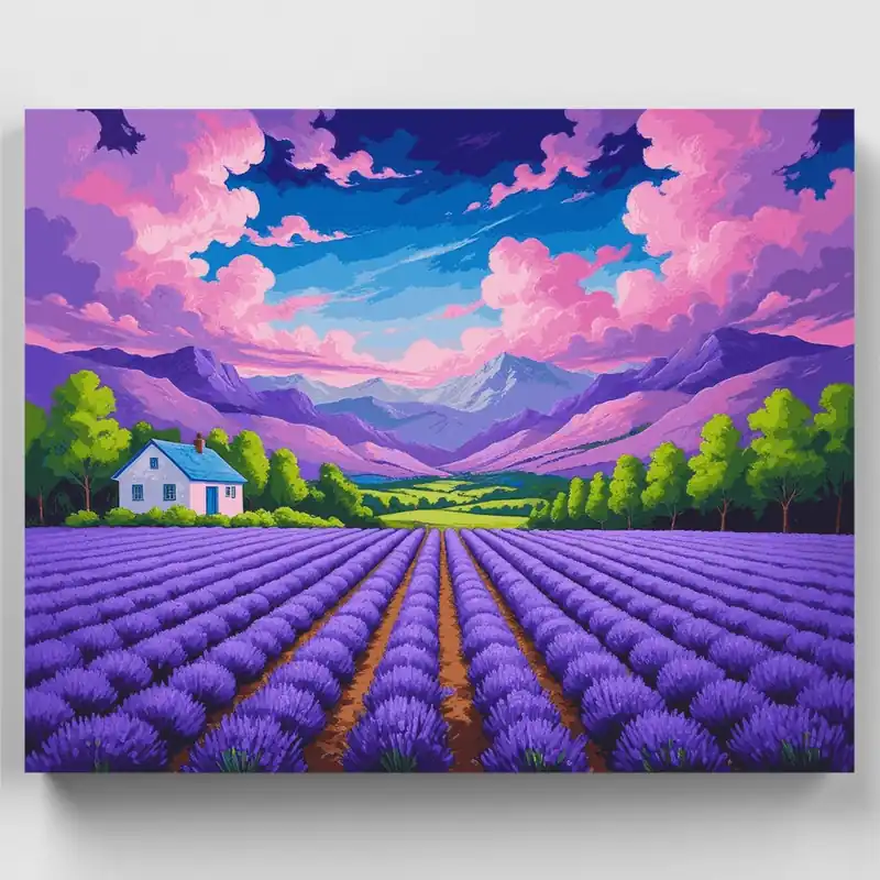 Disponible Ahora Campos de Lavanda al Atardecer - Kit de pintar por números - Lienzo Enrollado / 24 Colores