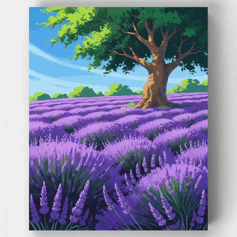 Campo de Lavanda con Árbol Majestuoso - Kit de pintar por números - Lienzo Enrollado / 24 Colores Hecho A Mano