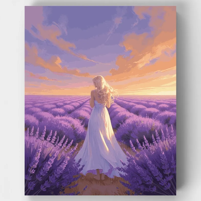 Artesanal Serenidad del Atardecer en Campos de Lavanda - Kit de pintar por números - Lienzo Enrollado / 24 Colores